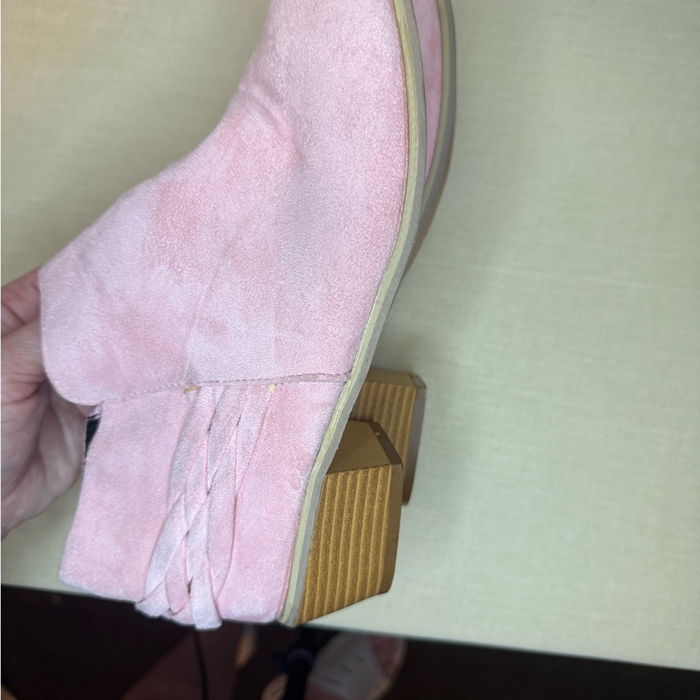 Pink Suede Block Heel Ankle Bootie